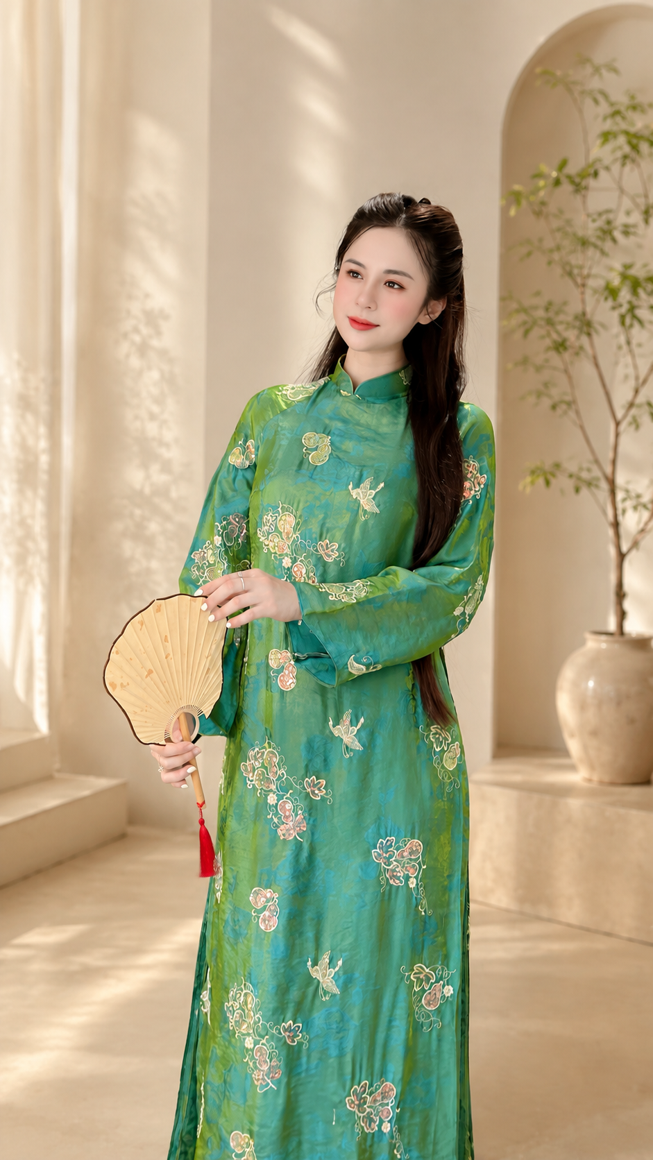 Modern Tencel áo dài with sequin embellishments - Green