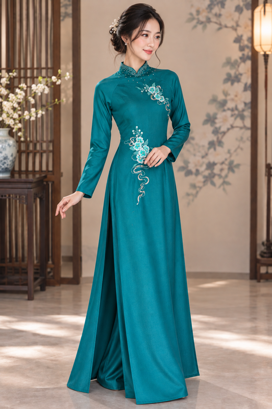 Traditonal Nano Diamond Ao Dai - Deep Teal