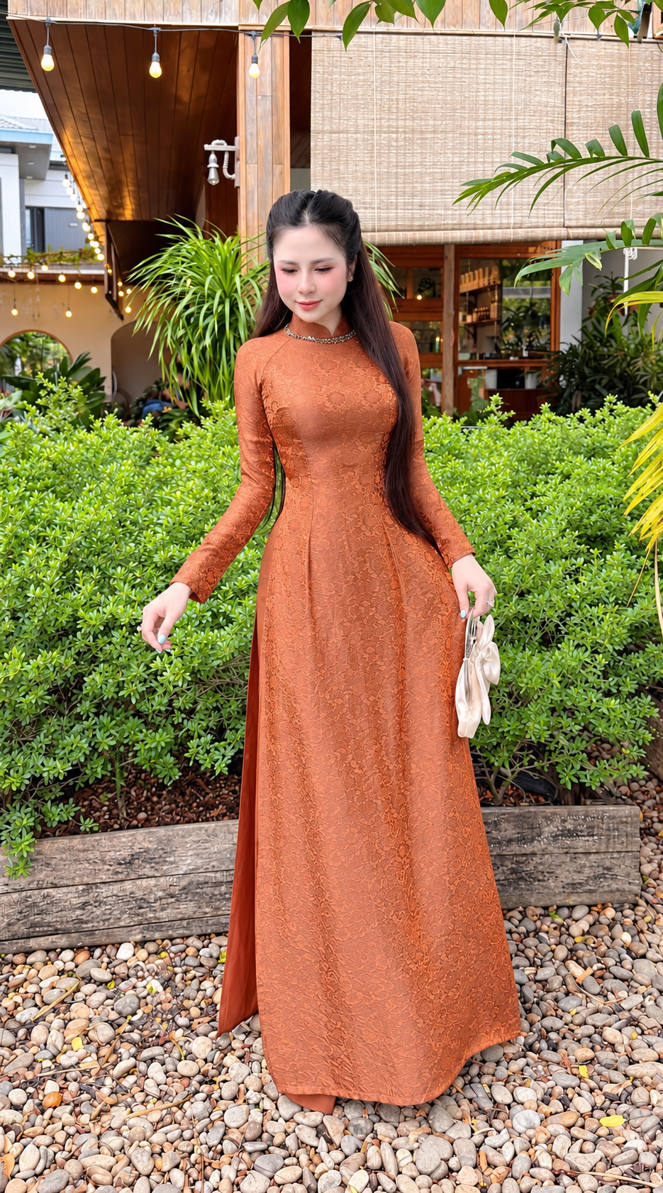 Traditonal Tencel Silk Áo Dài – Brown
