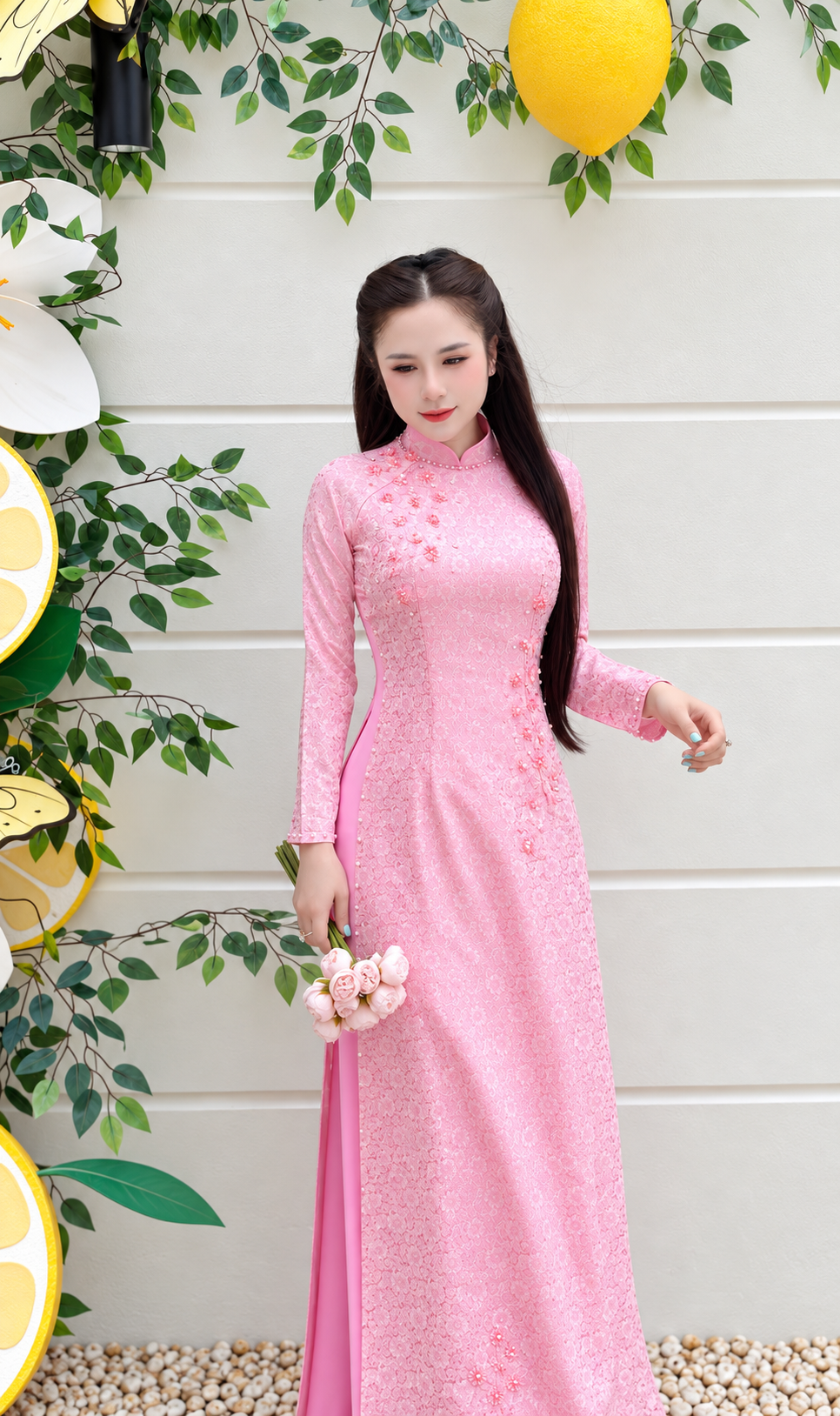 Traditonal Asymmetrical Silk Áo Dài – Blush Pink