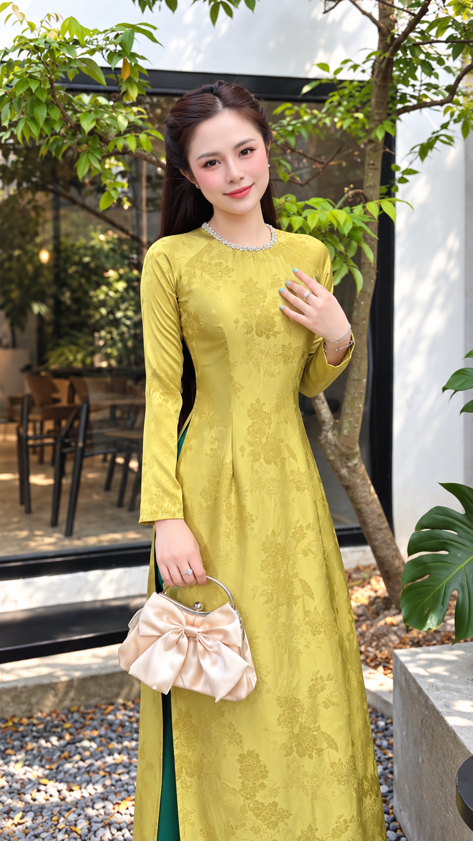 Traditional 5D Silk Ao Dai - Lime green