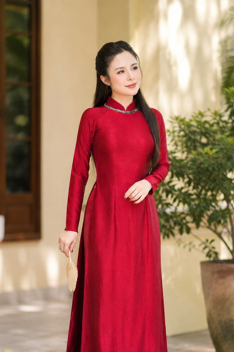 Traditional Indo Silk Ao Dai - Red with Crystal collar