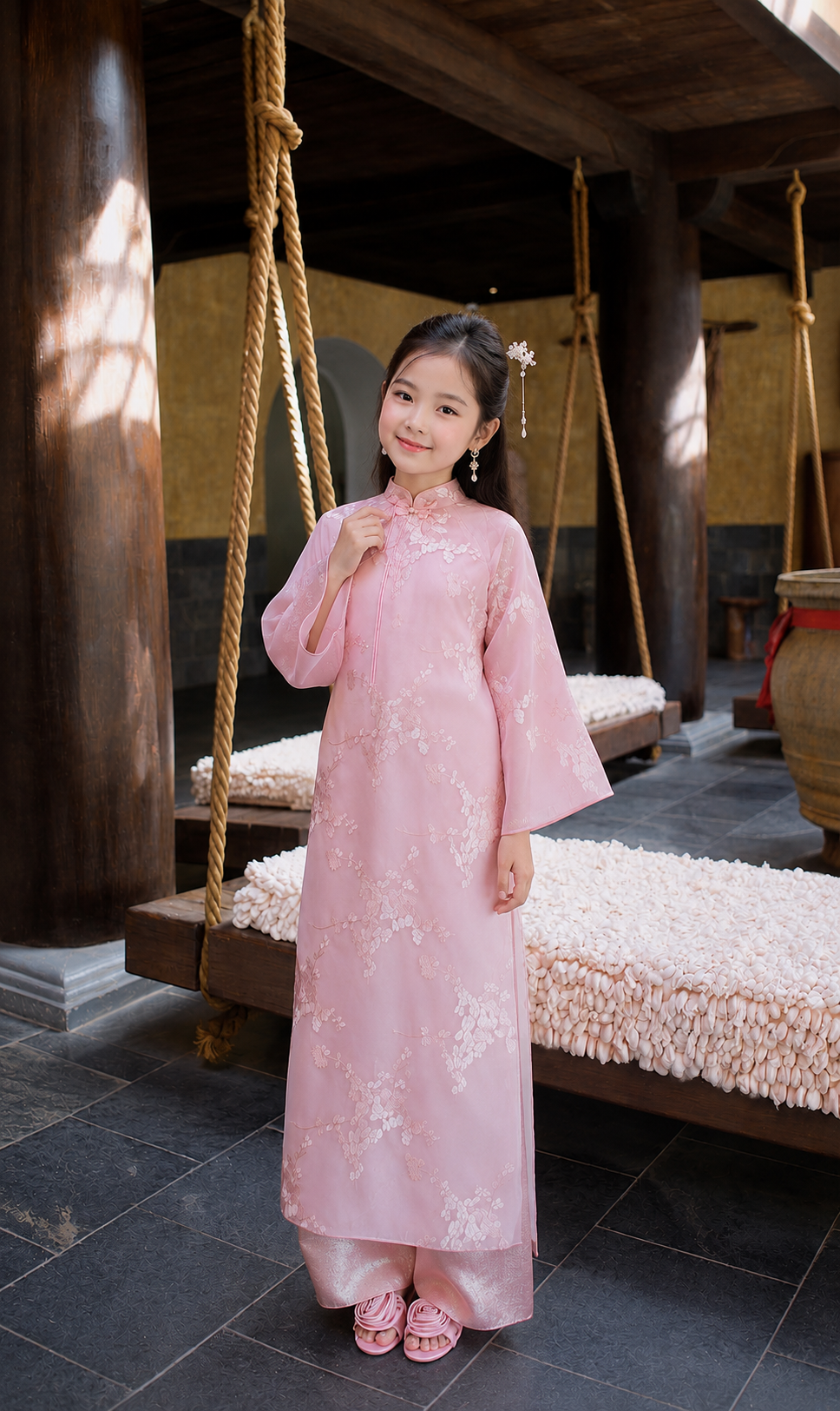 Girl’s 4 Panel Áo Dài - Pink Flower Embroidery