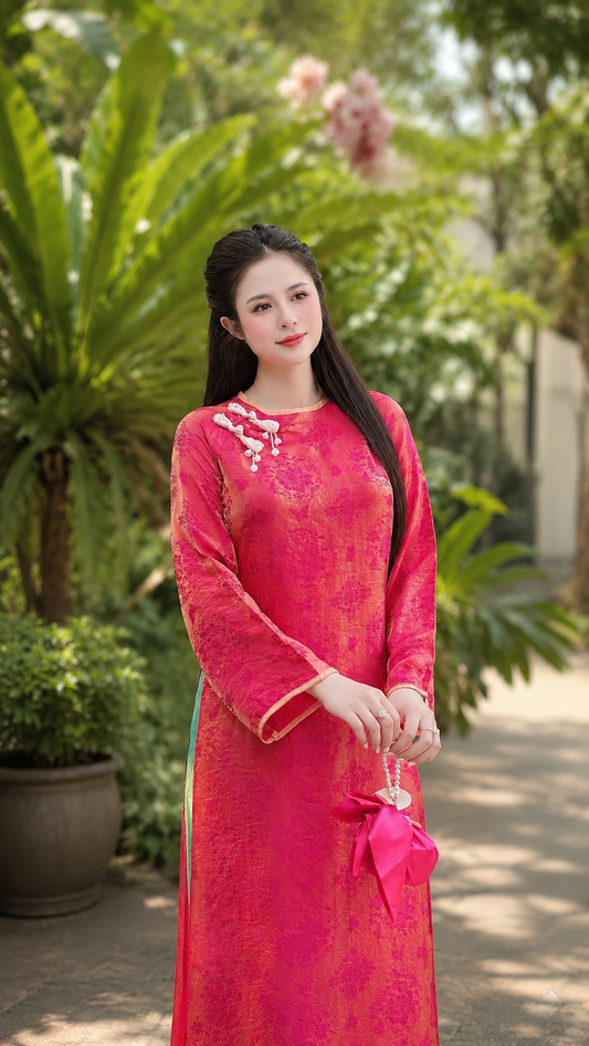 Modern Tencel áo dài - Lotus Pink Green Pants