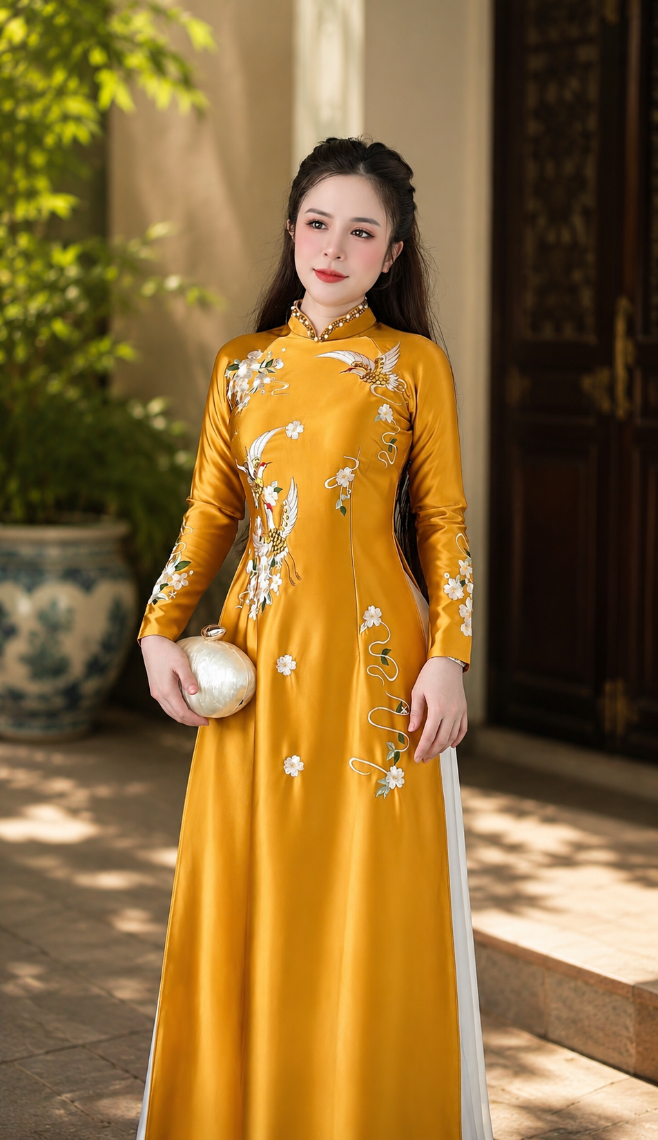 Sleeve-Embroidered Crepe Ao Dai Set – Dusty Rose