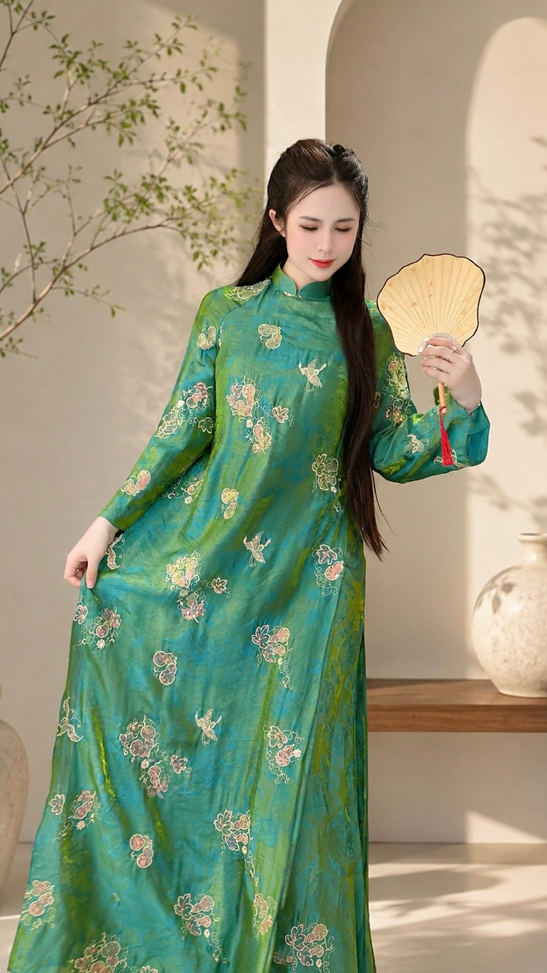 Modern Tencel áo dài with sequin embellishments - Green