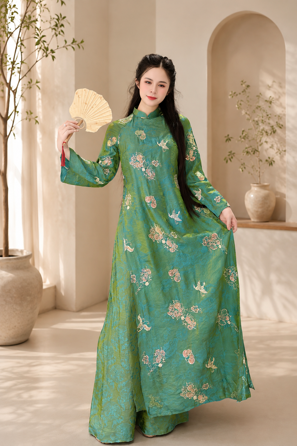 Modern Tencel áo dài with sequin embellishments - Green
