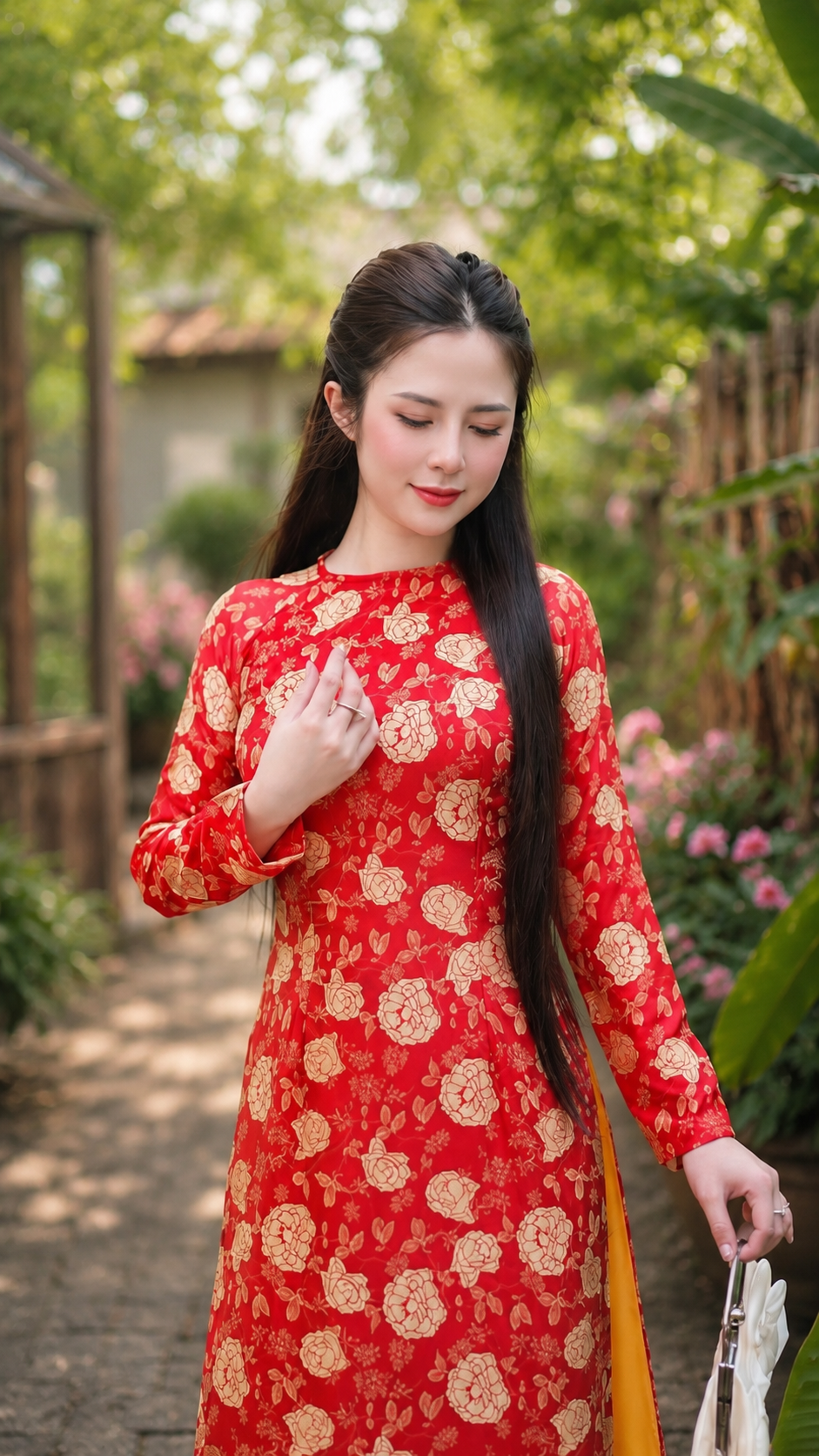 Traditional Floral Textured Silk Áo Dài – Red & Gold