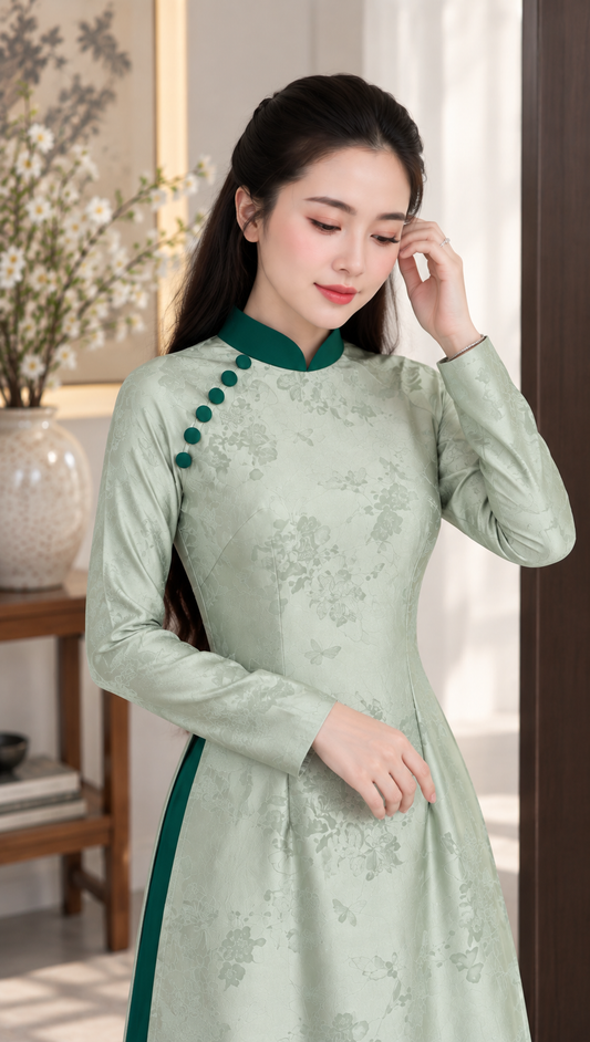 Traditional 5D Silk Áo Dài – Mint Green