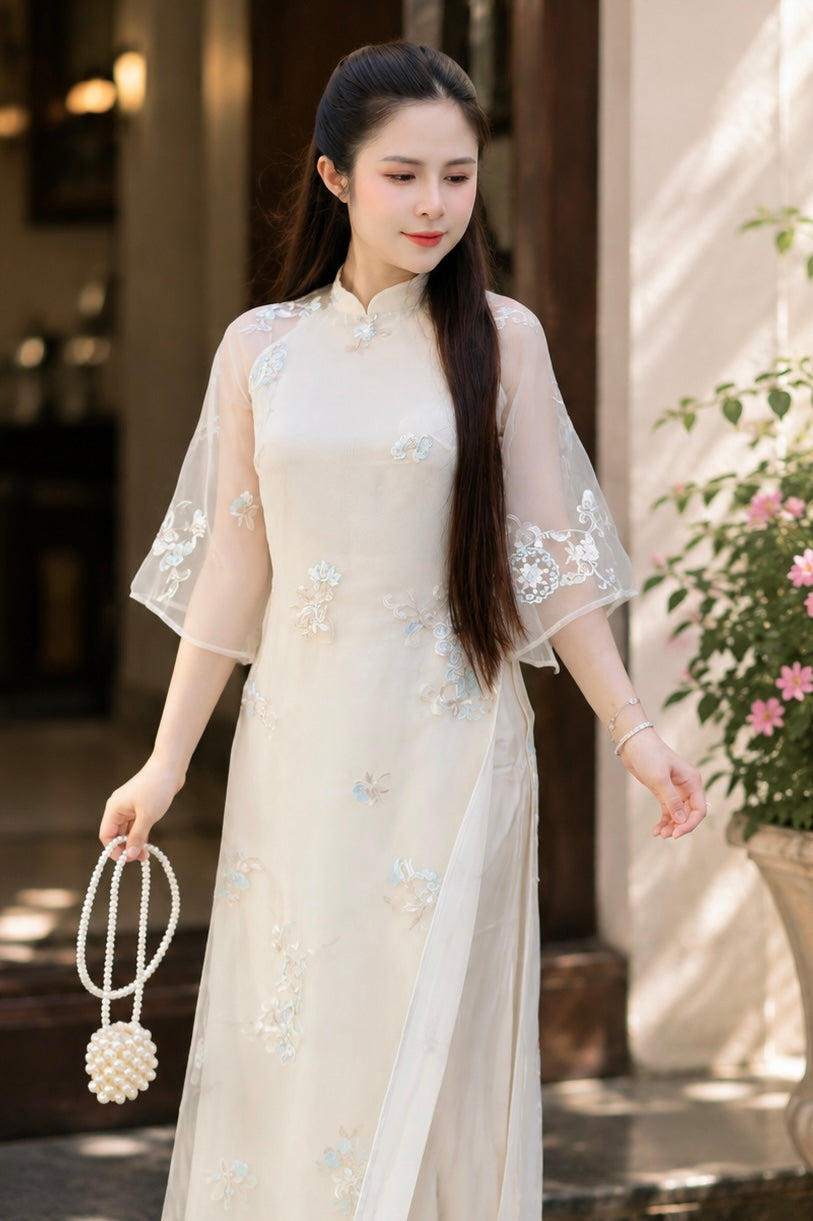 Modern Floral Silk Áo Dài - Cream