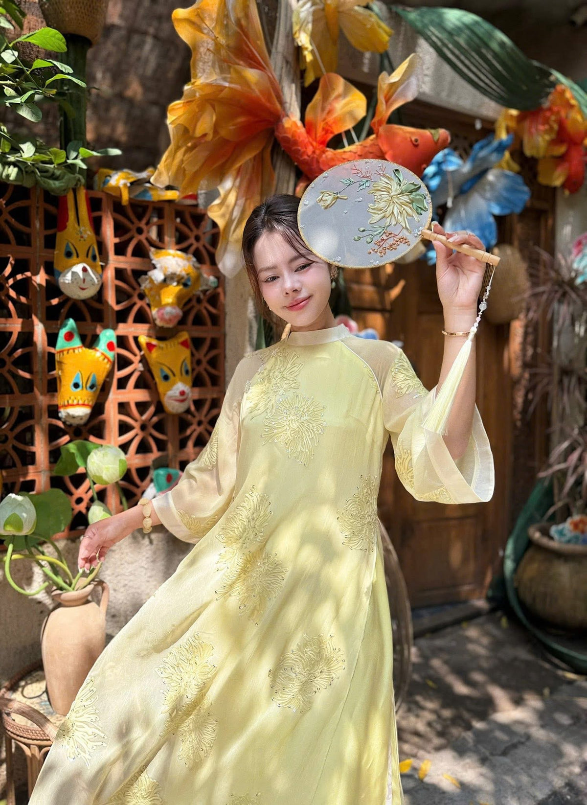 Modern 4-panel Silk Ao Dai - Yellow- Green Pastel