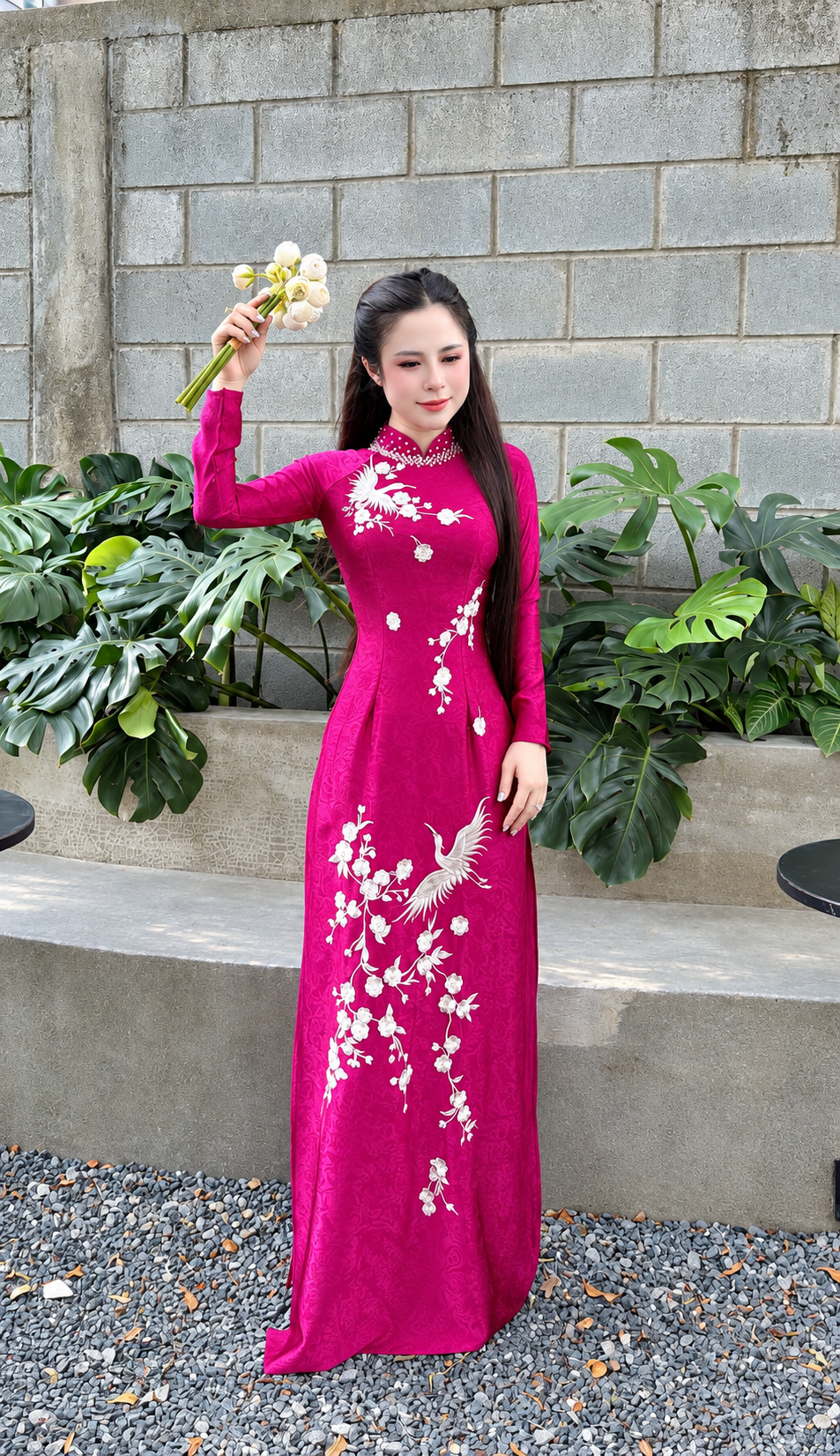 Traditonal Indo Silk Ao Dai - Deep Magenta with crane embroidery