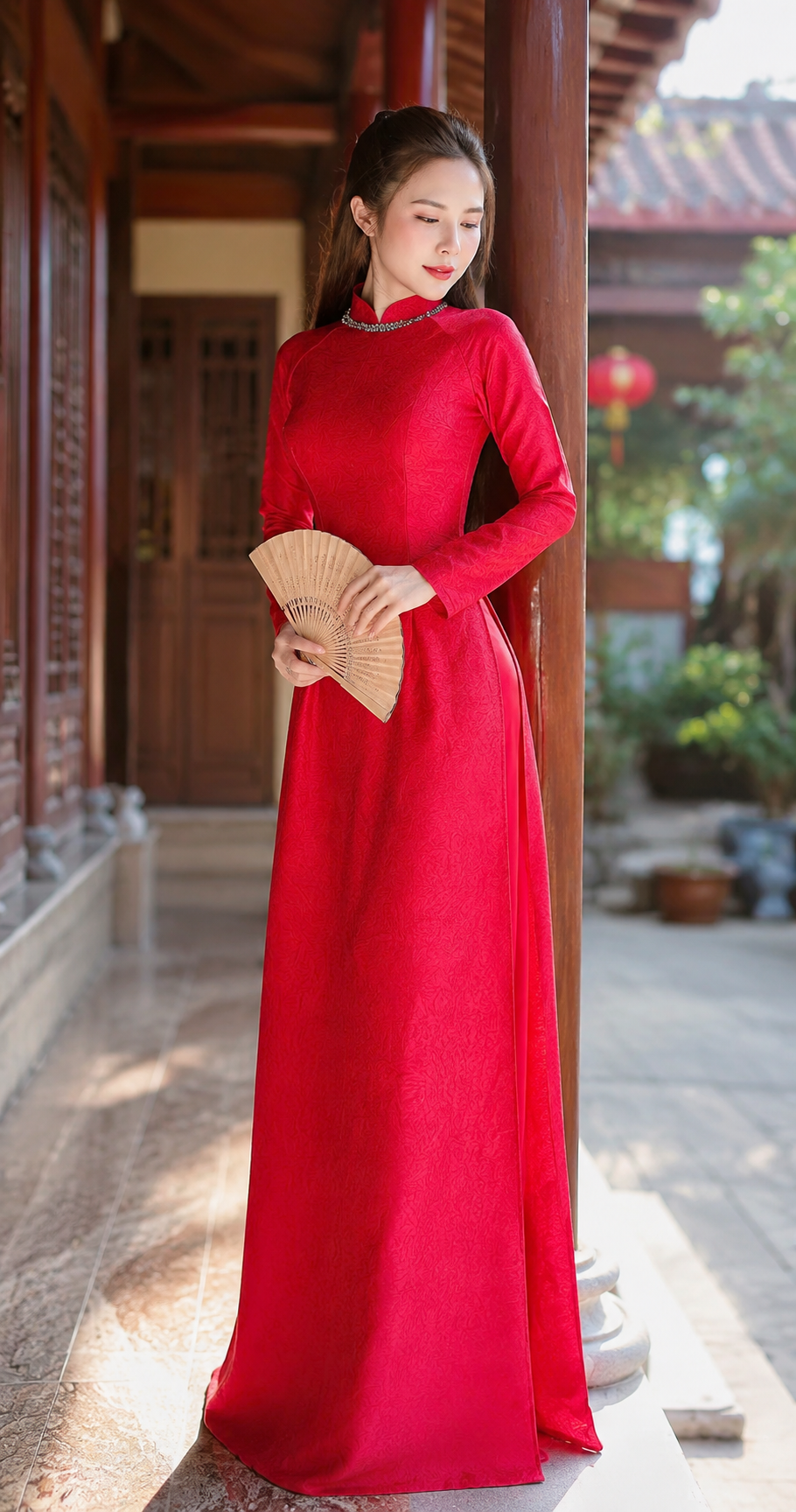 Traditional Indo Silk Ao Dai - Red with Crystal collar