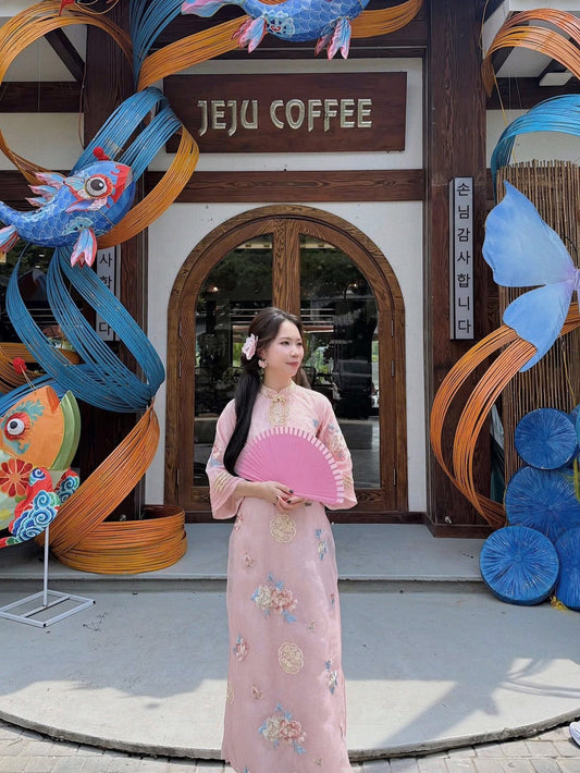 Hand-Embroidered Silk Ao Dai Set – Pastel Pink