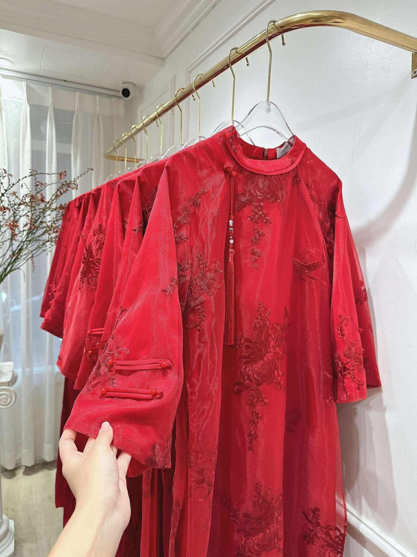 Chrysanthemum Embroidered Ao Dai Set – Crimson Red