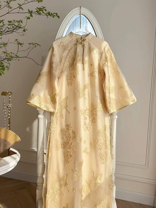 Crane & Blossom Embroidered Ao Dai Set – Metallic Gold