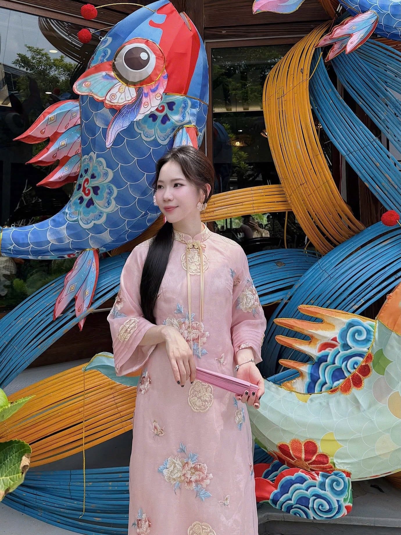 Hand-Embroidered Silk Ao Dai Set – Pastel Pink