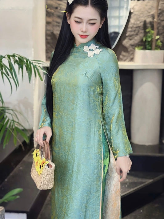Modern Relaxed-Fit Tencel Silk Ao Dai Set – Soft Teal