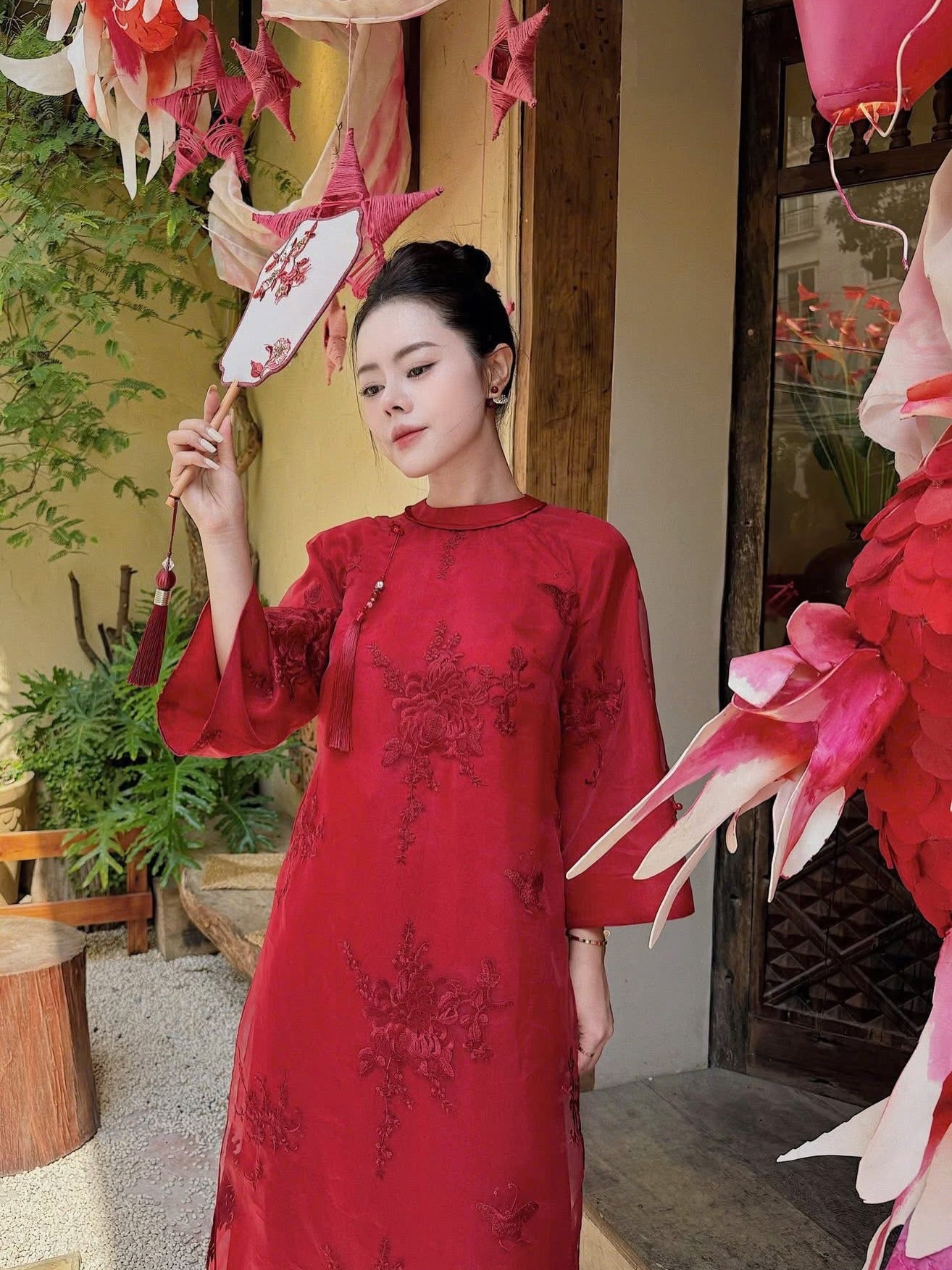 Chrysanthemum Embroidered Ao Dai Set – Crimson Red