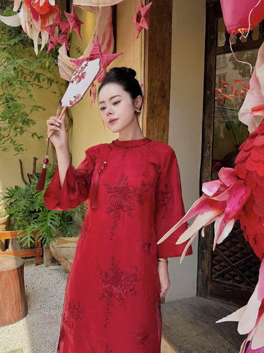Chrysanthemum Embroidered Ao Dai Set – Crimson Red