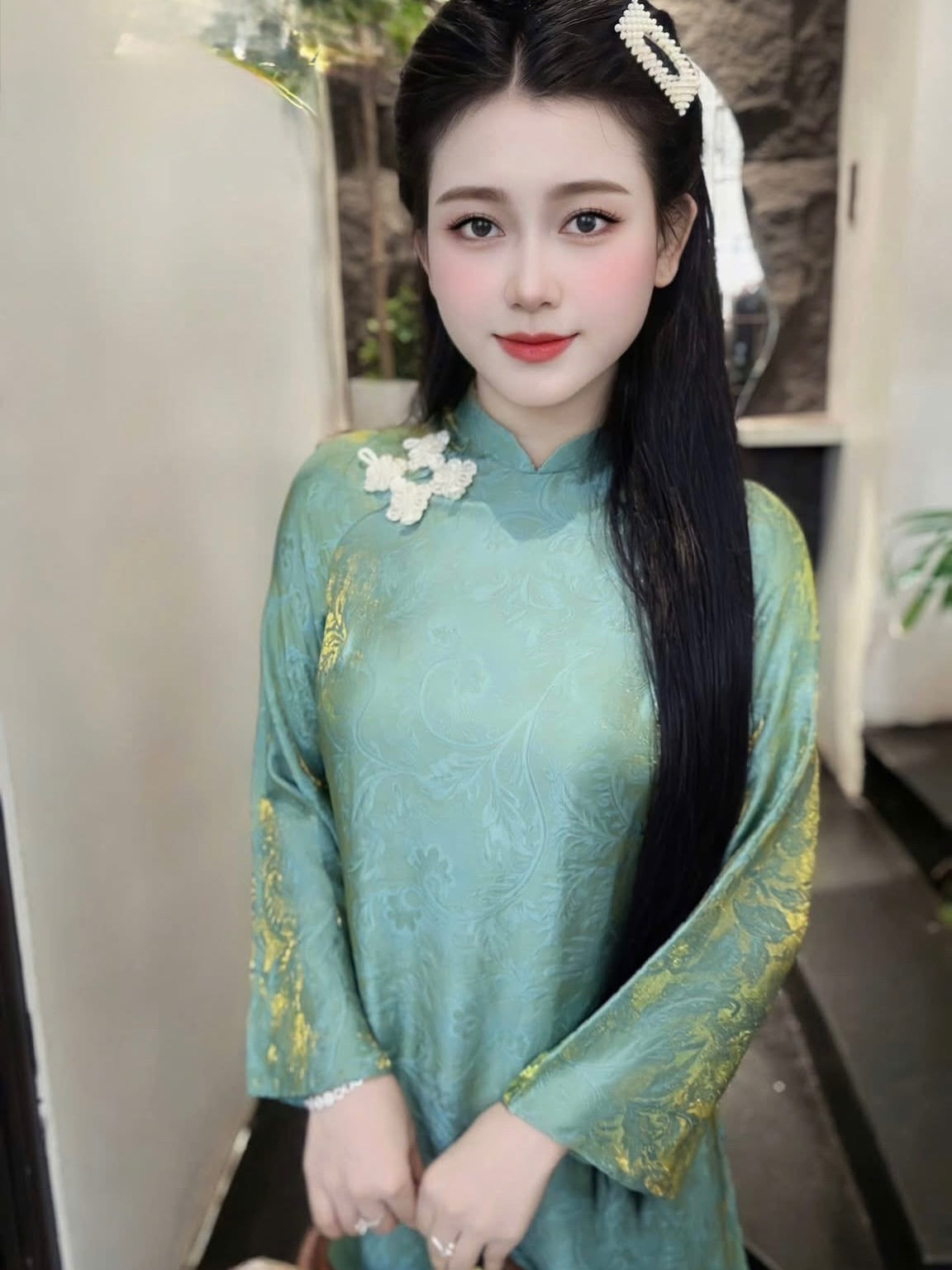 Modern Relaxed-Fit Tencel Silk Ao Dai Set – Soft Teal