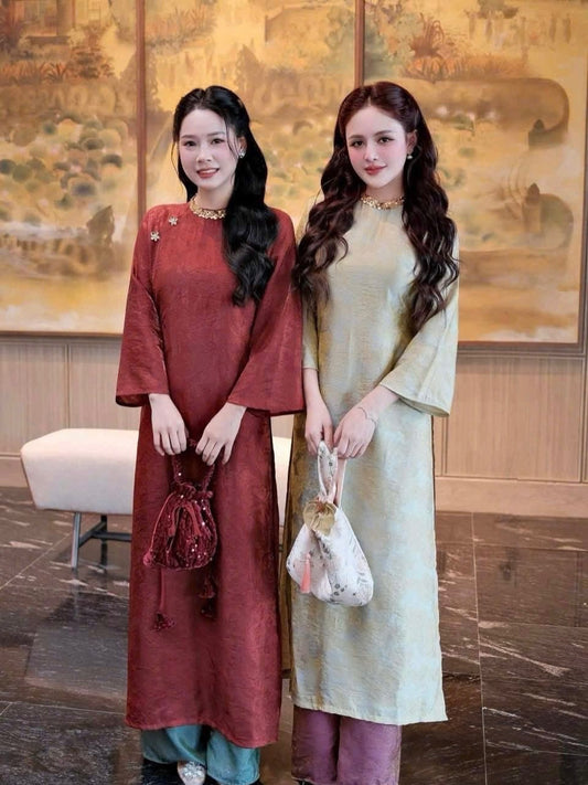 Tencel Silk Ao Dai Set – Chocolate / Metallic Gold