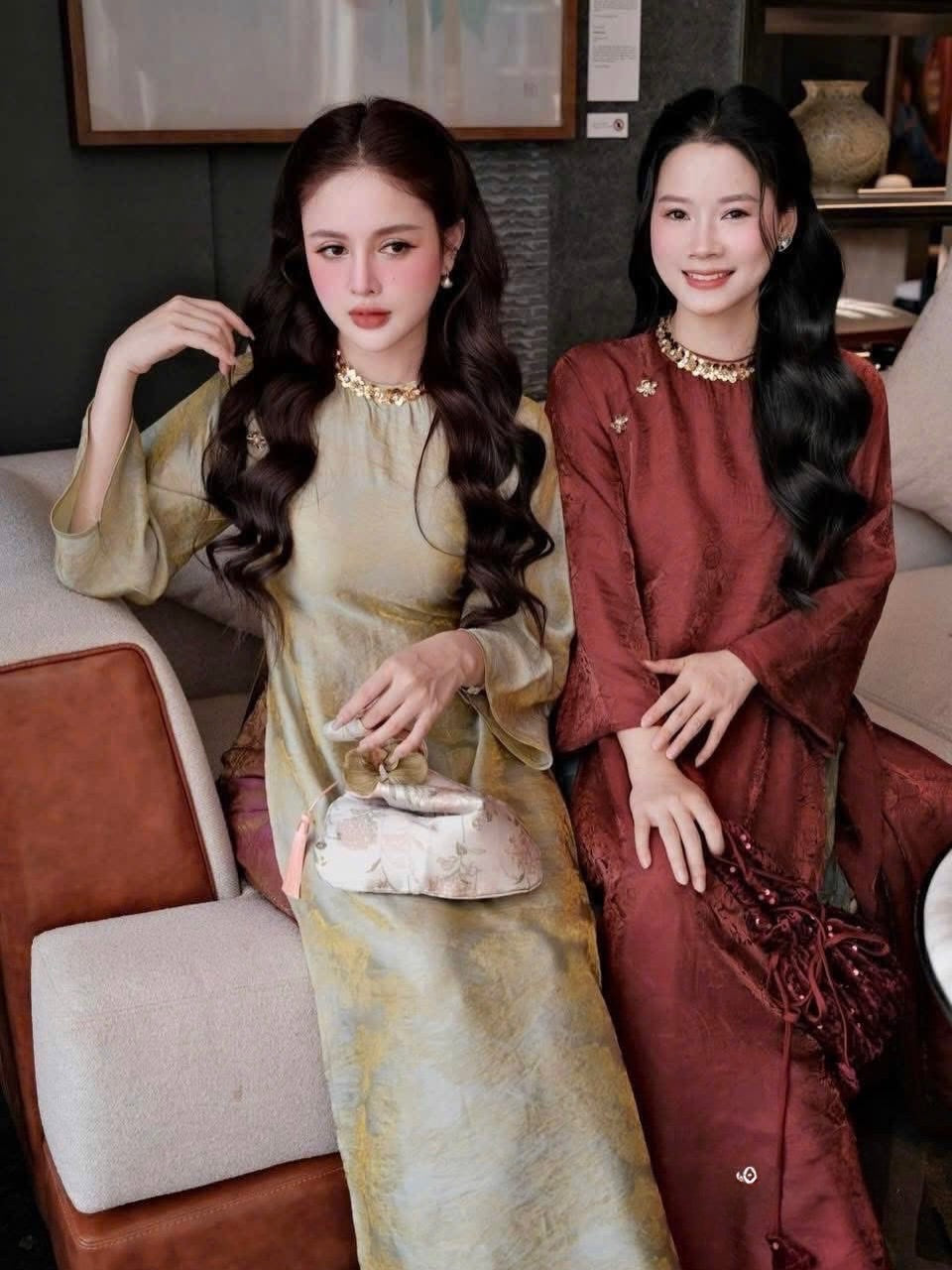 Tencel Silk Ao Dai Set – Chocolate / Metallic Gold