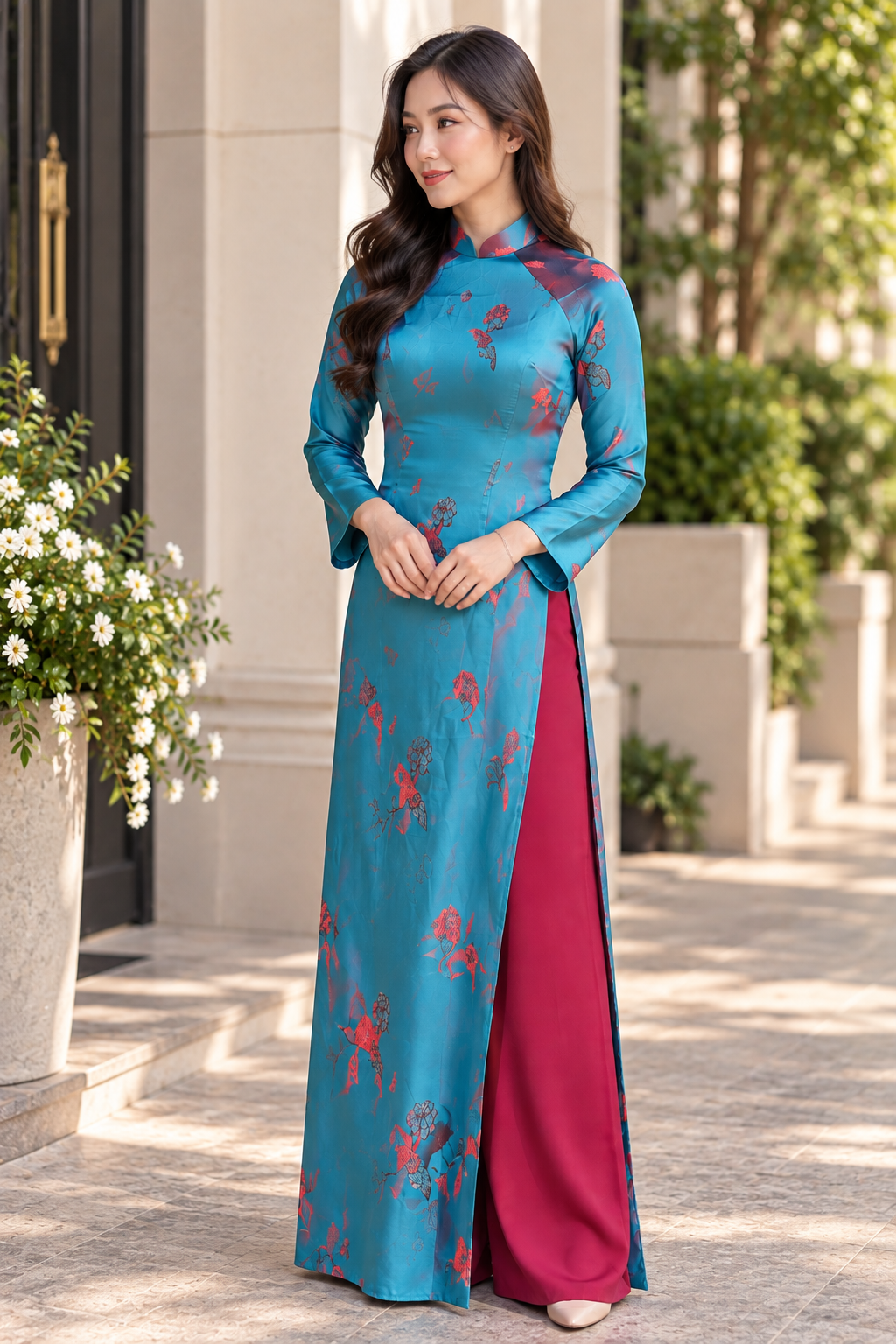 Traditional Ha Nam Silk Ao Dai – Peacock Blue with red pants