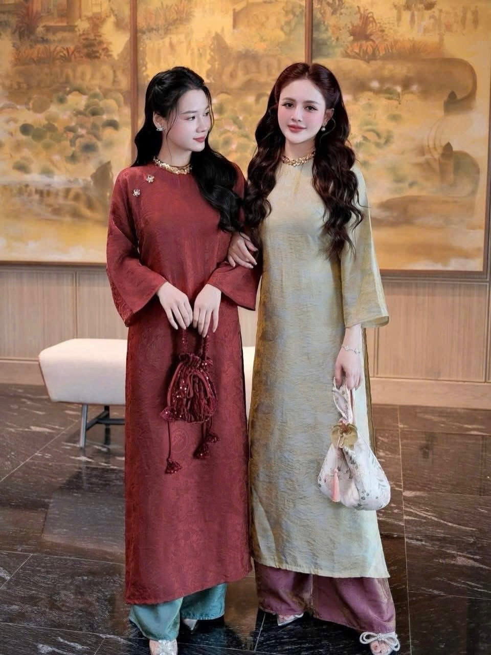 Tencel Silk Ao Dai Set – Chocolate / Metallic Gold