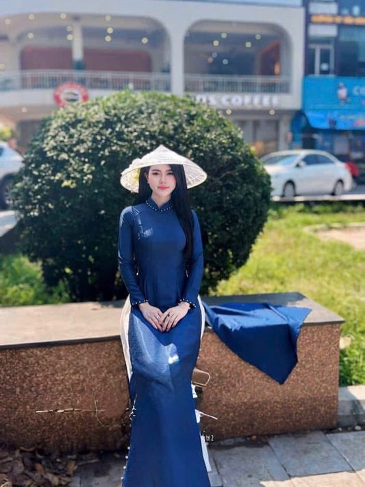 Wood-Grain Texture Silk (Lụa Vân Gỗ) Ao Dai Set – Navy Blue