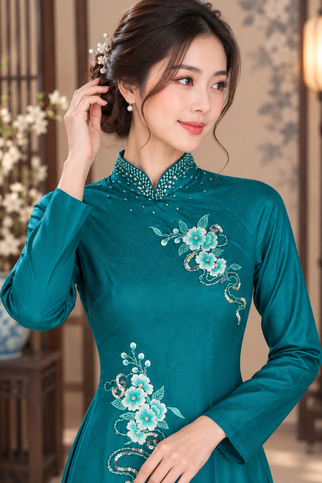 Traditonal Nano Diamond Ao Dai - Deep Teal