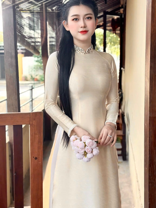 Wood-Grain Texture Silk (Lụa Vân Gỗ) Ao Dai Set – Cream White