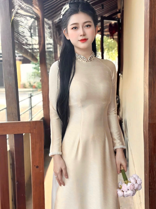 Wood-Grain Texture Silk (Lụa Vân Gỗ) Ao Dai Set – Cream White