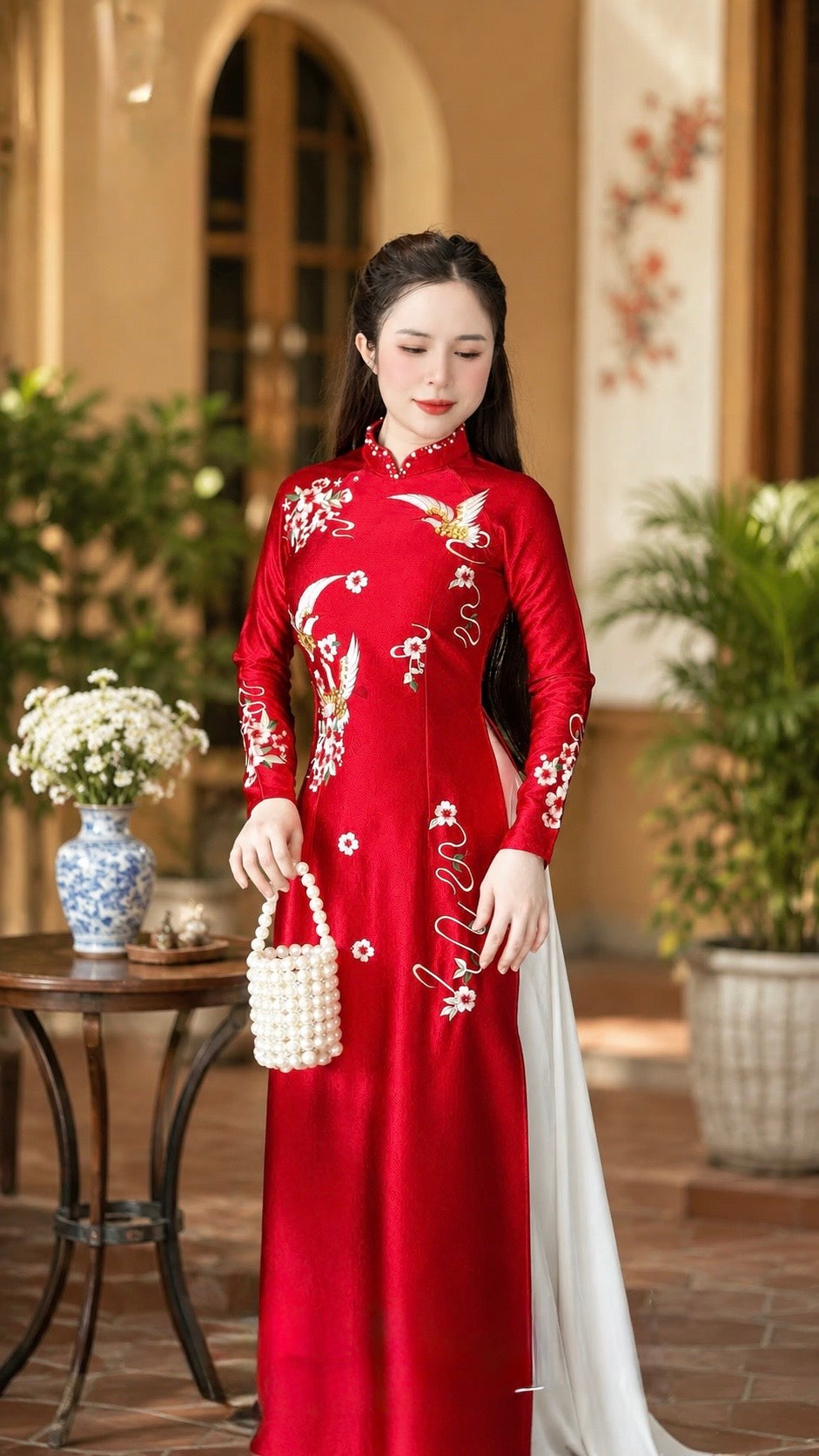 Sleeve-Embroidered Crepe Ao Dai Set – Dusty Rose