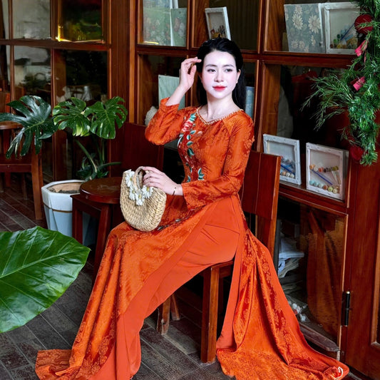 Traditional Silk Ao Dai Set – Tangerine Orange