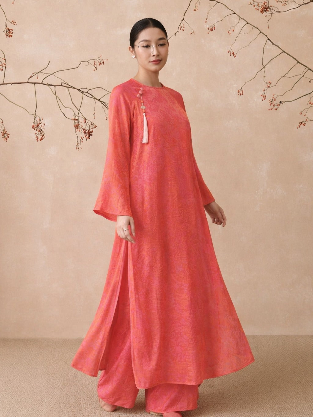 Tencel Silk Ao Dai Set – Peach Coral