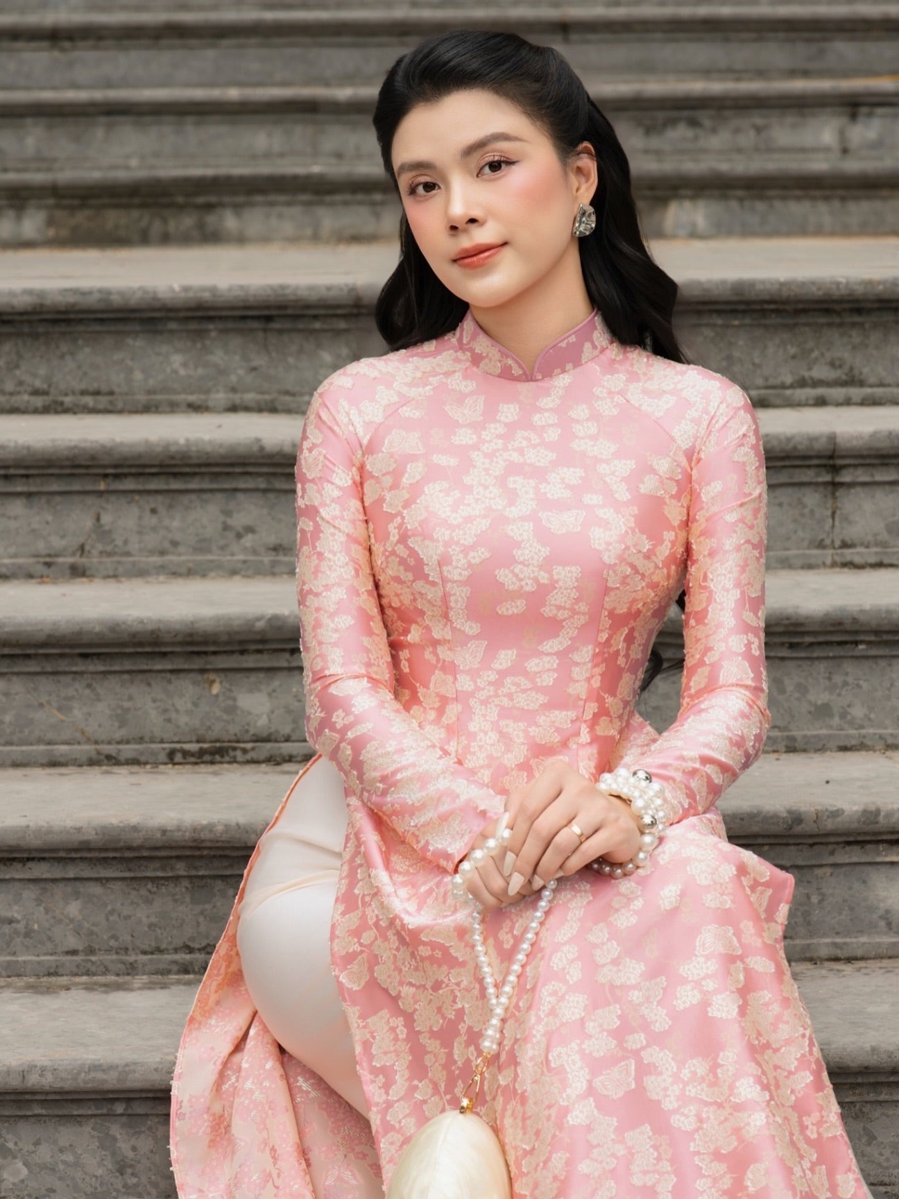 Brocade Silk Ao Dai Set – Rose Pink