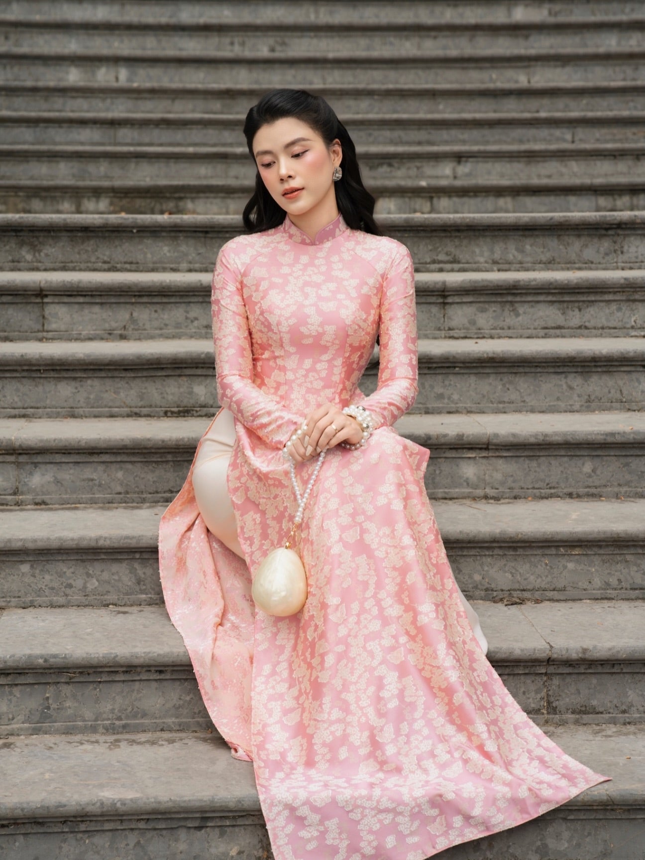 Brocade Silk Ao Dai Set – Rose Pink