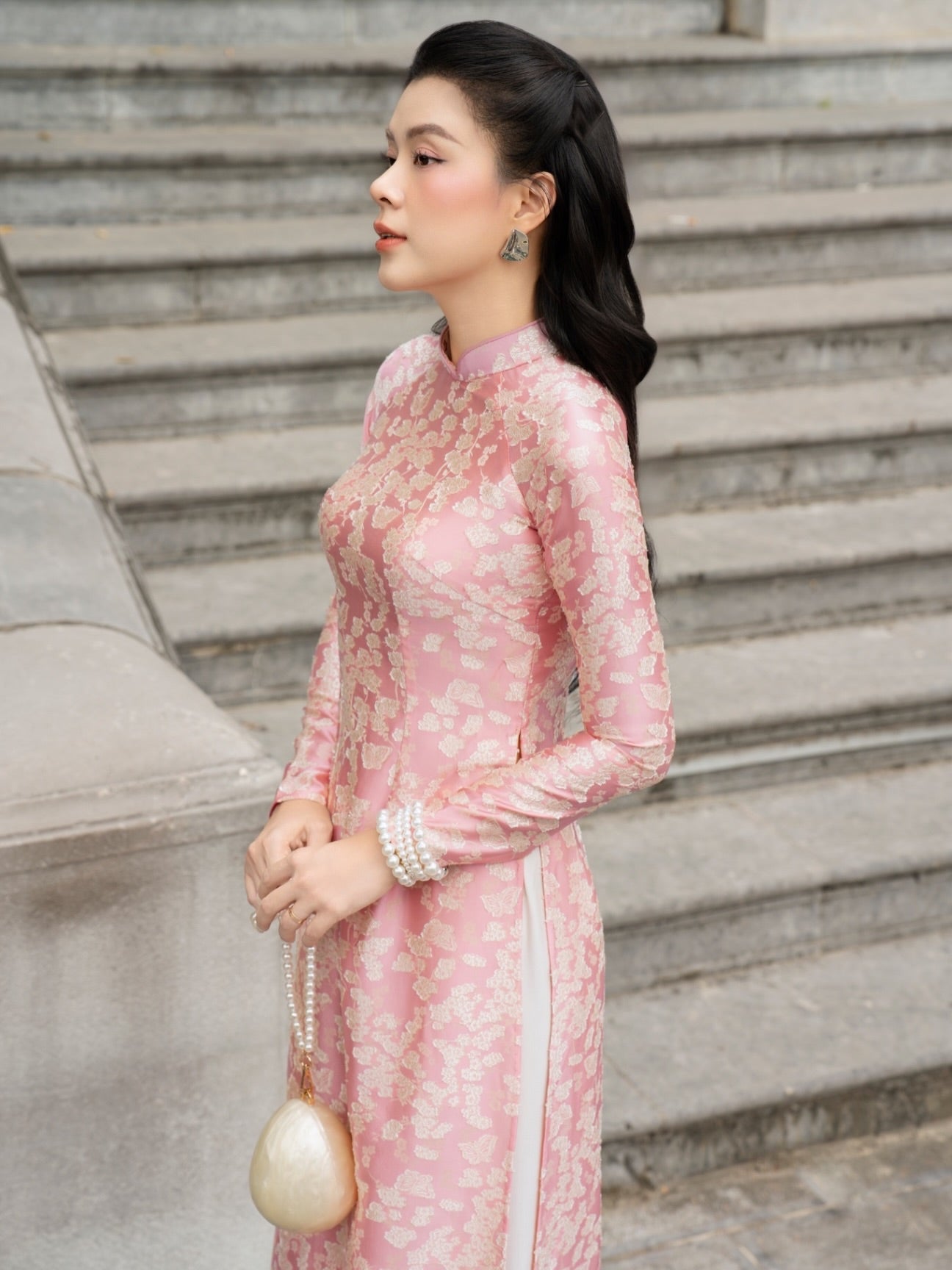 Brocade Silk Ao Dai Set – Rose Pink