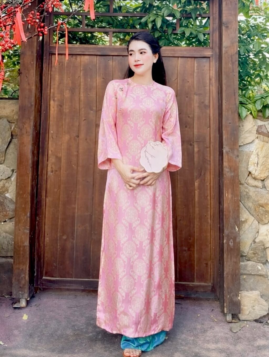 Traditional Hà Nam Silk Longevity Motif Ao Dai Set – Ruby Red