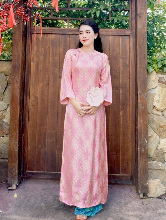 Traditional Hà Nam Silk Longevity Motif Ao Dai Set – Ruby Red