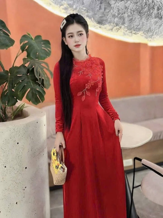 3D Floral Embroidered Velvet Ao Dai Set – Crimson Red