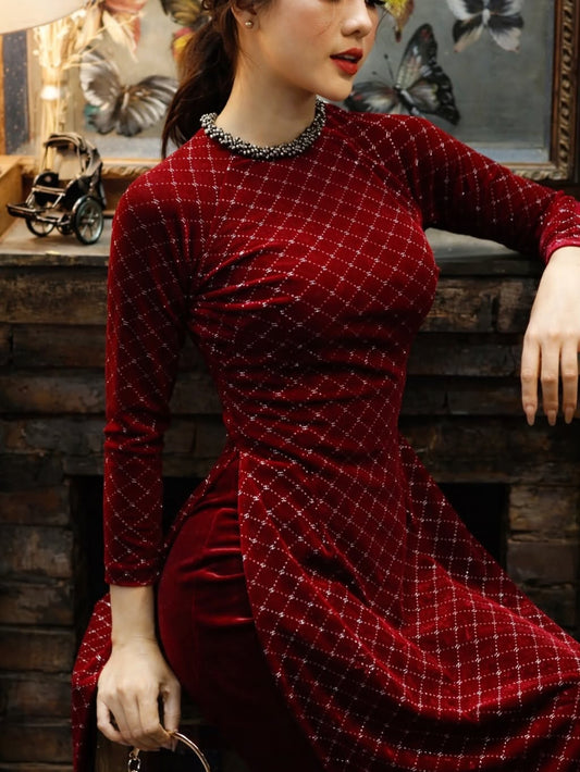 Velvet Formal Ao Dai Set – Crimson Red