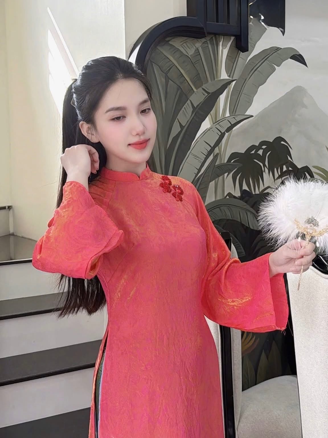 Modern 4-Panel (4 Tà) Tencel Silk Ao Dai Set – Coral Pink