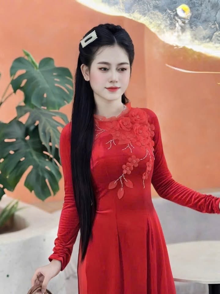 3D Floral Embroidered Velvet Ao Dai Set – Crimson Red