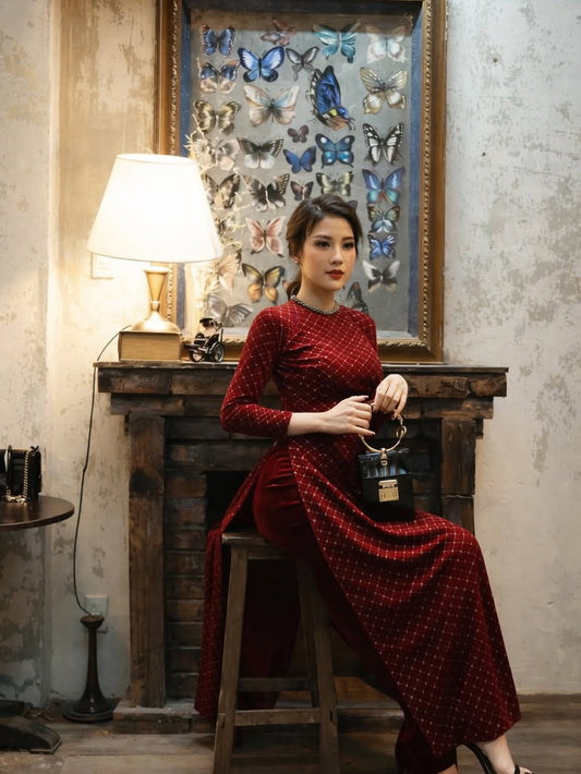 Velvet Formal Ao Dai Set – Crimson Red