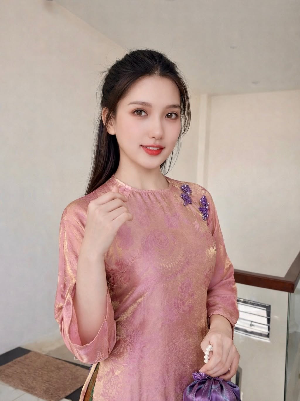 Modern 4-Panel (4 Tà) Tencel Silk Ao Dai Set – Rose Pink