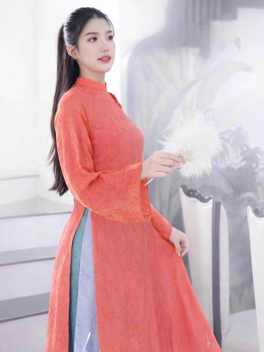 Modern 4-Panel (4 Tà) Tencel Silk Ao Dai Set – Coral Pink