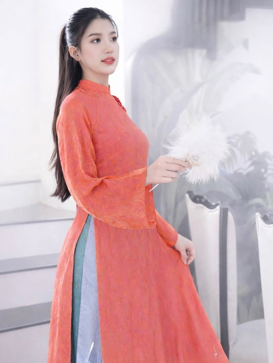 Modern 4-Panel (4 Tà) Tencel Silk Ao Dai Set – Coral Pink