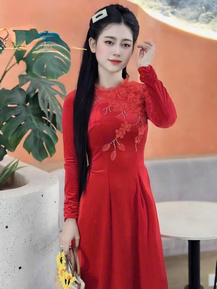 3D Floral Embroidered Velvet Ao Dai Set – Crimson Red